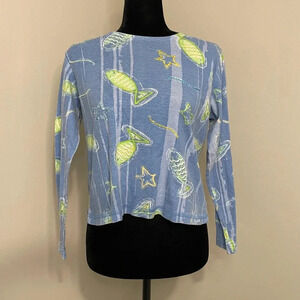 Vintage Lulu-B Fish Printed Beaded Embellished Tropical Long Sleeve Tee